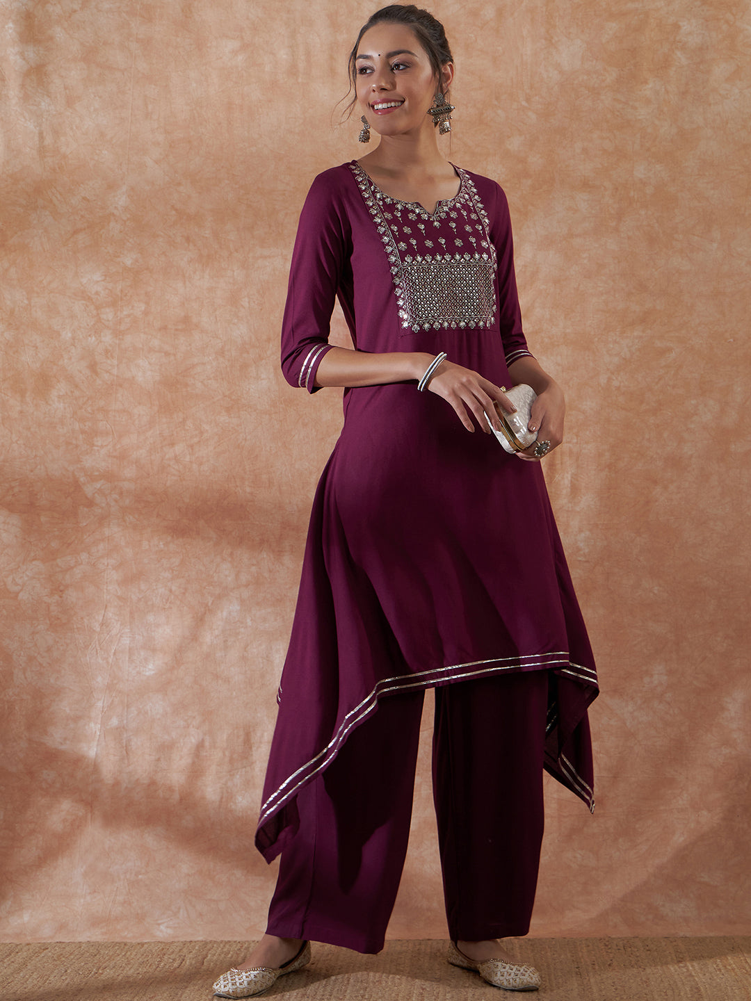 InWeave Women's Burgundy Emb Assymetrical Kurta Pant Set - Distacart