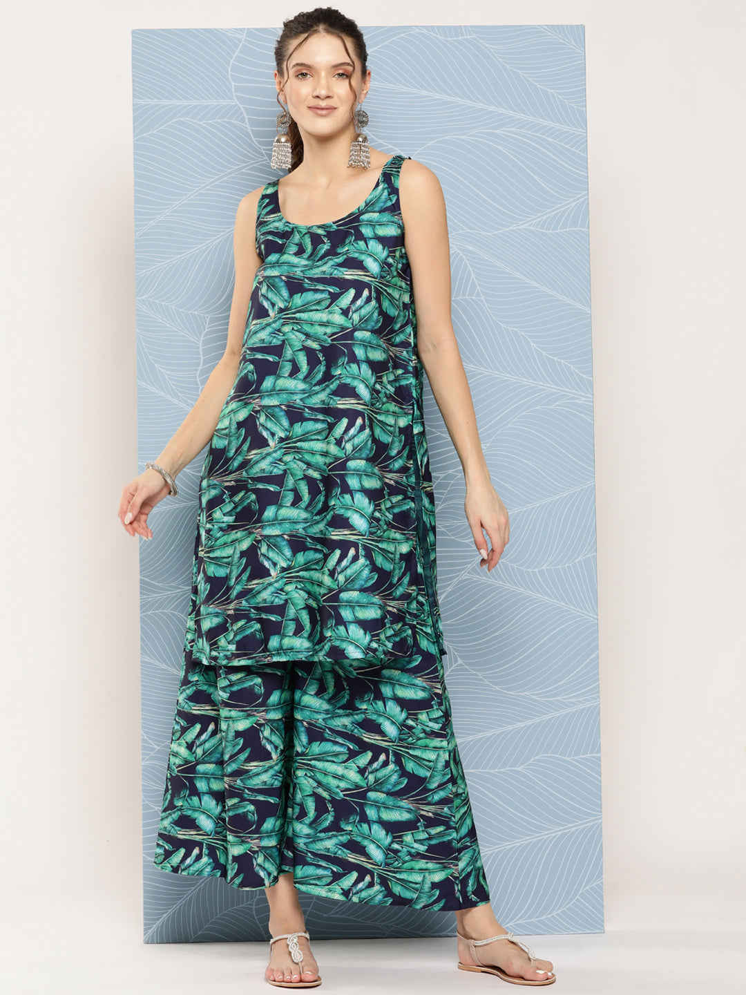 InWeave Women's Navy Green Big Leaf Print Crepe Kurta Set - Distacart