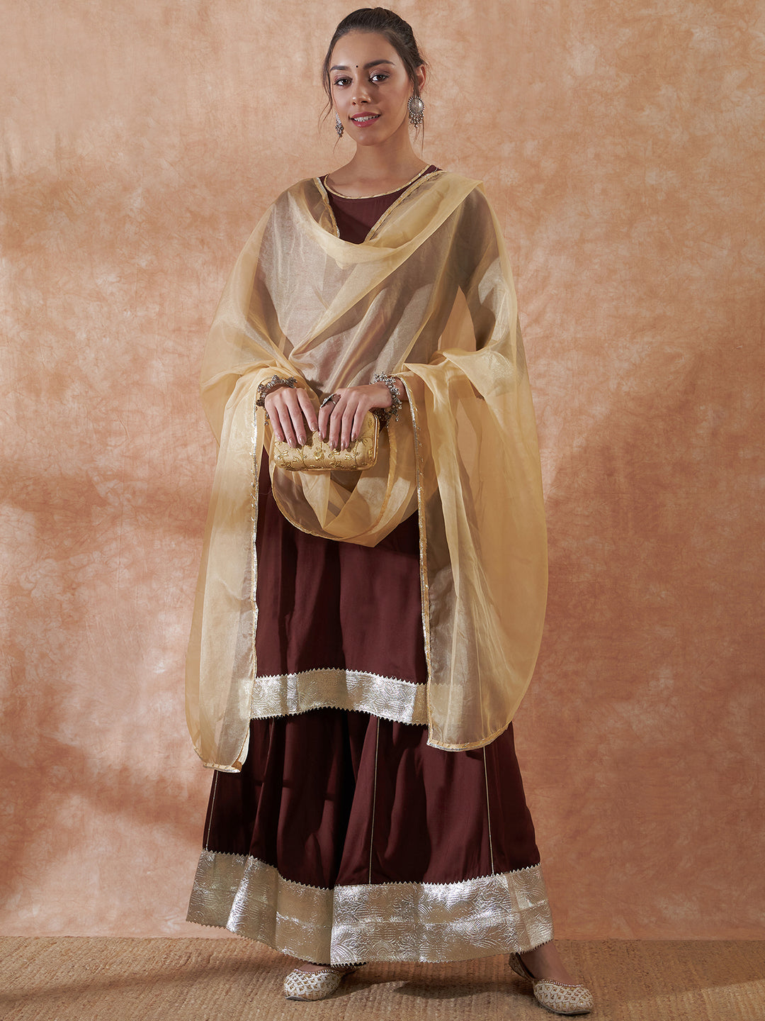 InWeave Women's Brown Gota Work Anarkali Kurta Set W Dupatta - Distacart