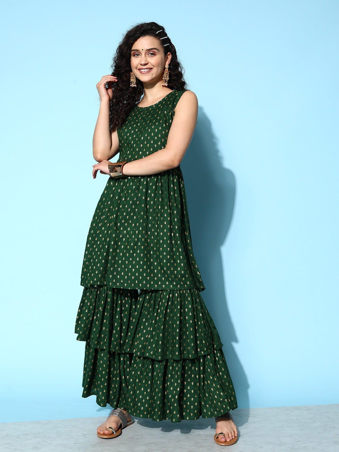 InWeave Women's Forest Green Gold Print Tiered Sharara Set - Distacart