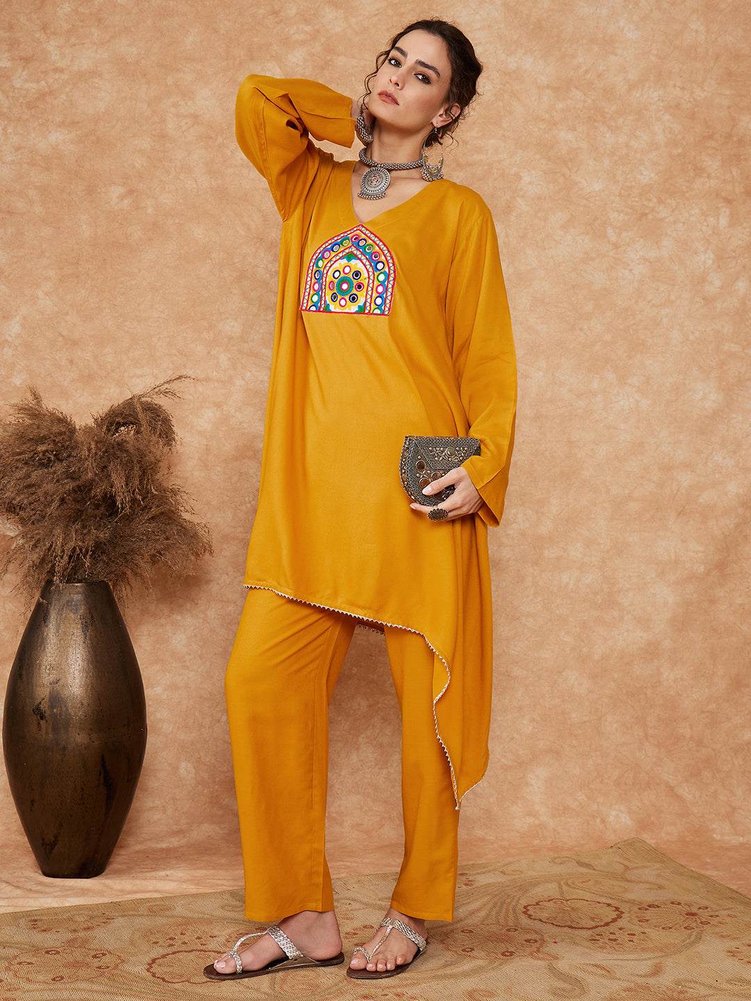 InWeave Women's Mustard Trangle Yellow Patch Work Assymentrical Kurta Set - Distacart
