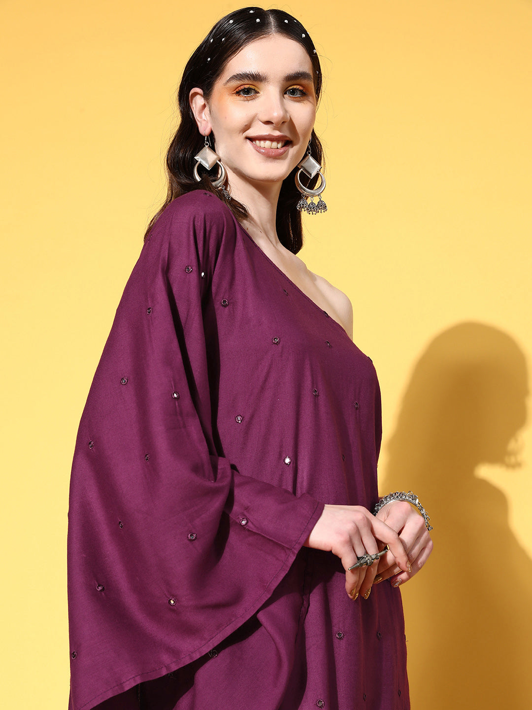 InWeave Women's Wine Mirror Work One Shoulder Kurta Set - Distacart