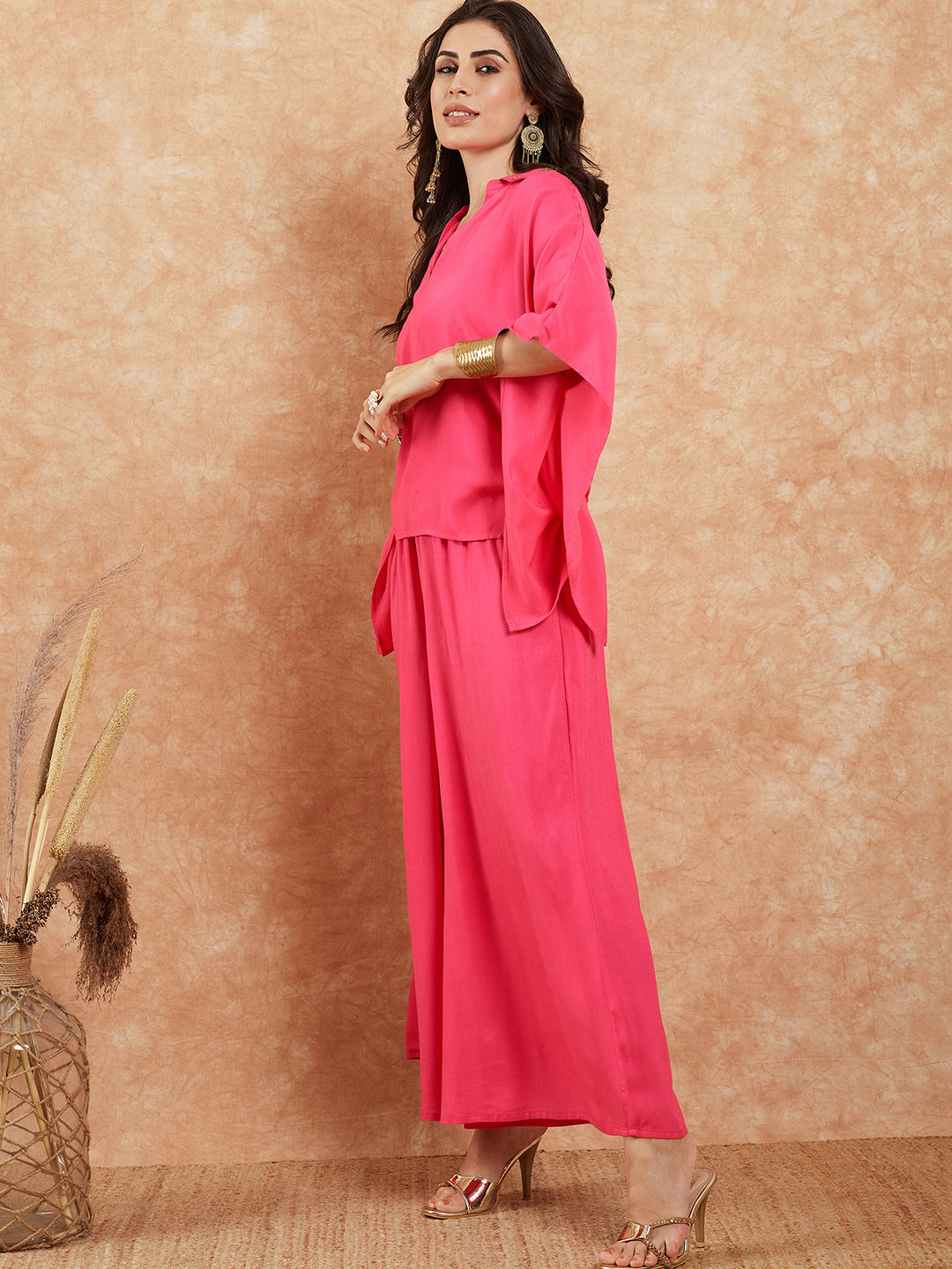 InWeave Women's Fuchsia Solid Collar Neck Boho Top Bottom Set - Distacart