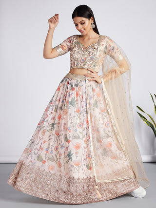 House of Panchhi Cream Colour Organza Floral Design Digital Print Lehenga Choli & Dupatta - Distacart