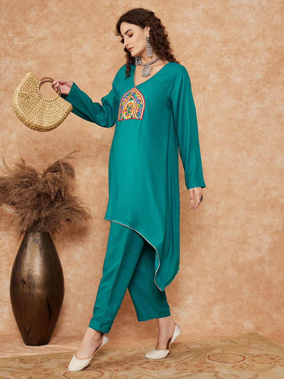 InWeave Women's Teal Trangle Yellow Patch Work Assymentrical Kurta Set - Distacart