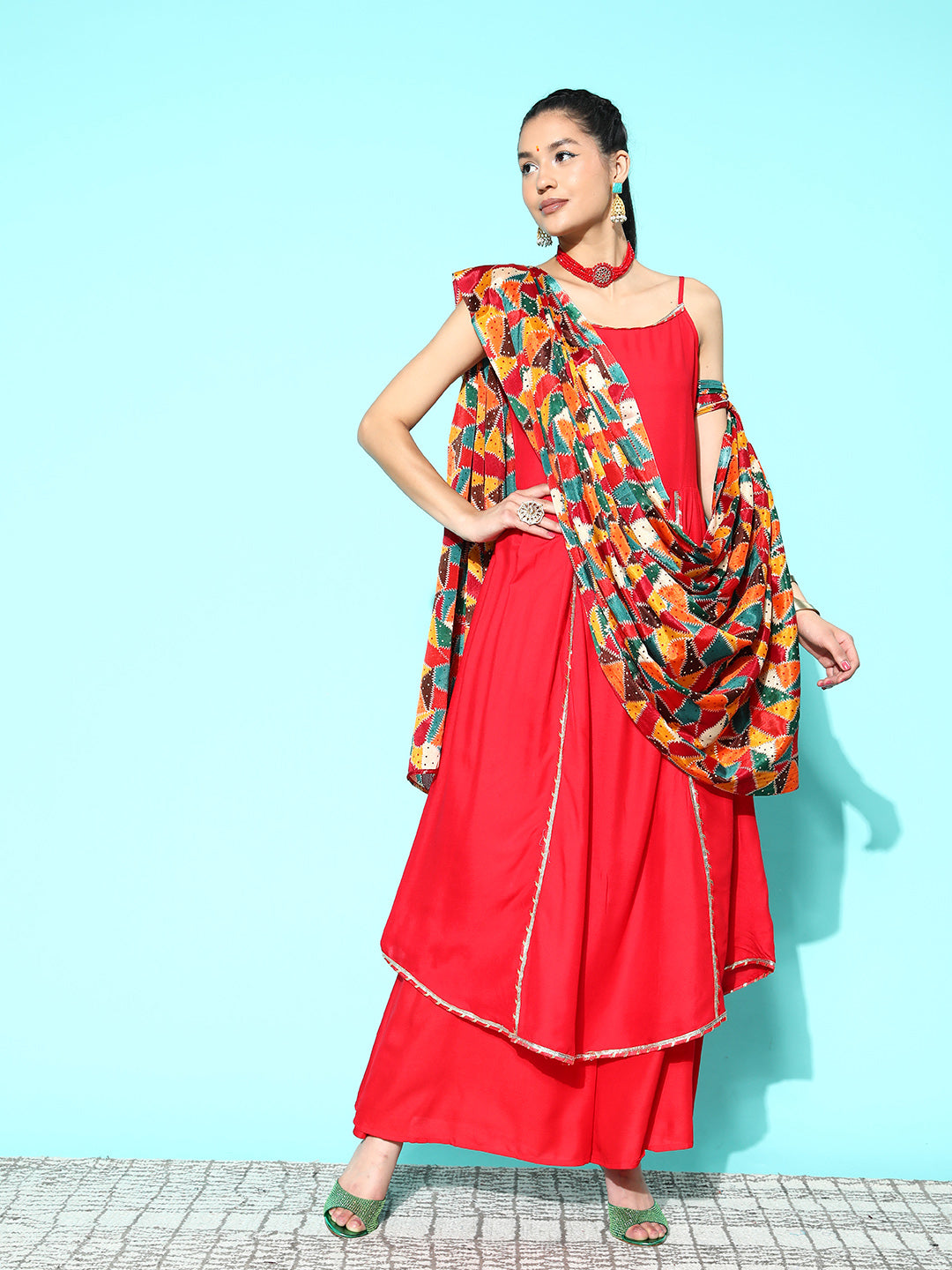 InWeave Women's Red Gota Strappy Set With Multi Foil Muslin Dupatta - Distacart