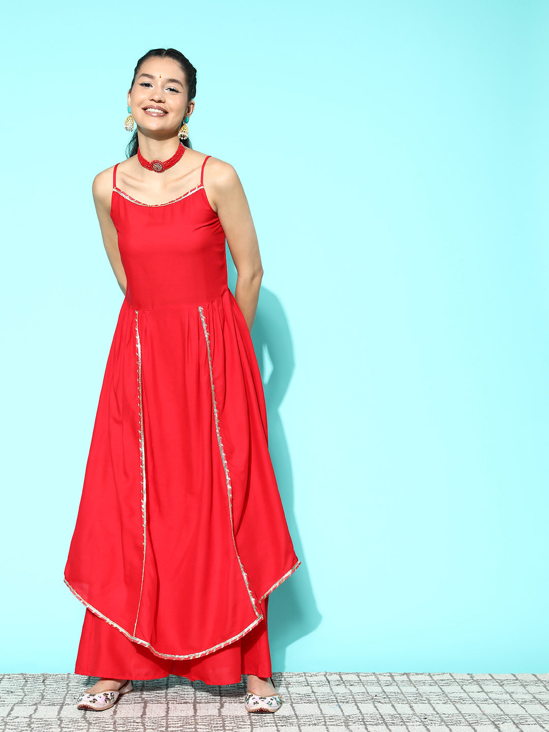 InWeave Women's Red Gota Strappy Kurta Set - Distacart