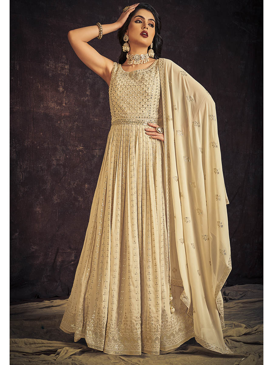 Myra Cream Real Georgette Designer Gown Style Suit - Distacart
