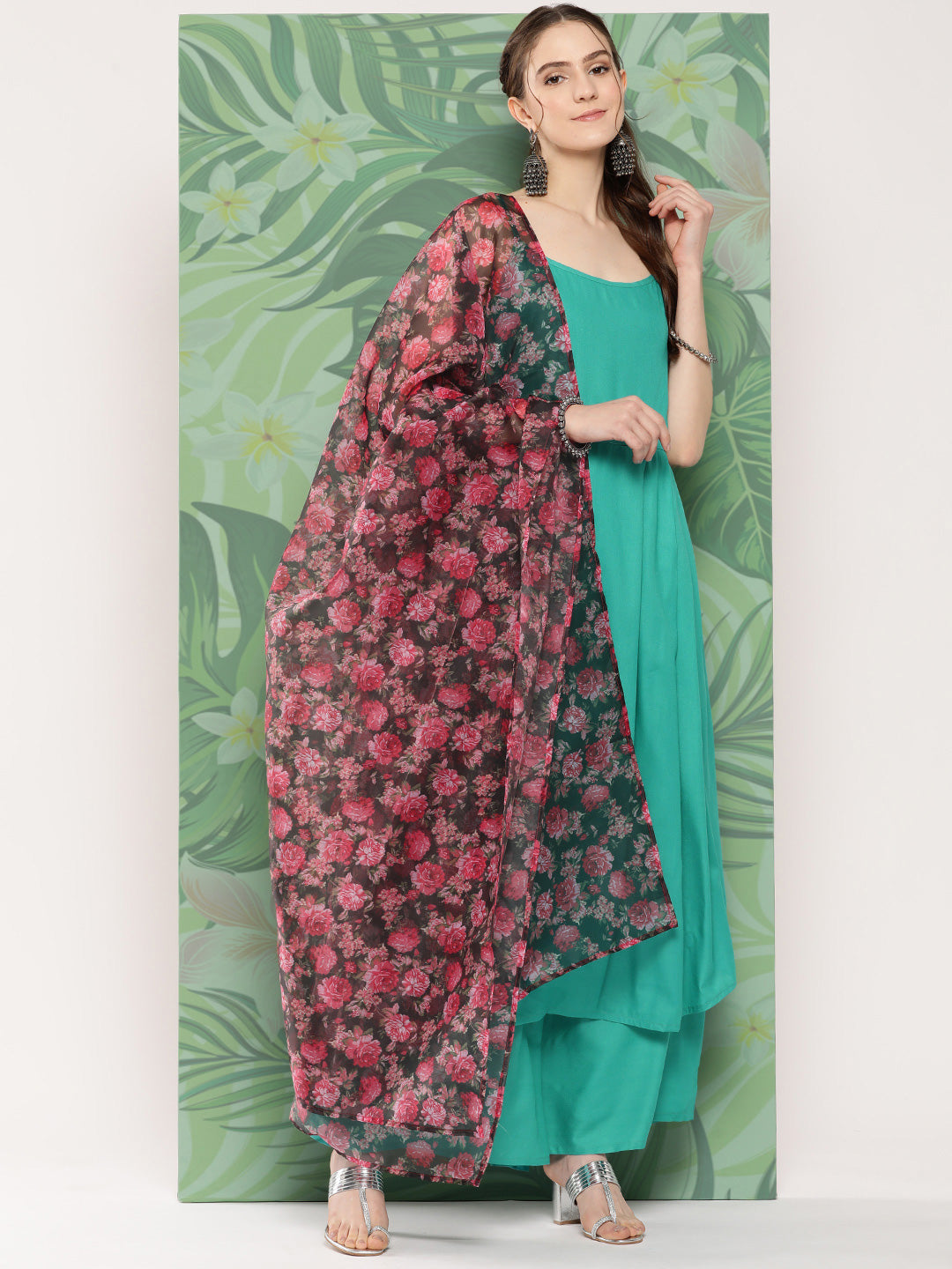 InWeave Women's Teal Strappy Set W Black Pink Camelia Or Duptta - Distacart