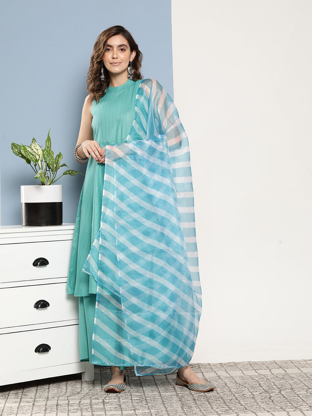 InWeave Women's Teal Lurex Boho Kurta Set With Sky Blue White Leh Dupatta - Distacart