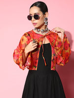 Thumbnail for InWeave Women's Black Strappy Set With Pink Mustard Floral Short Organza Cape - Distacart