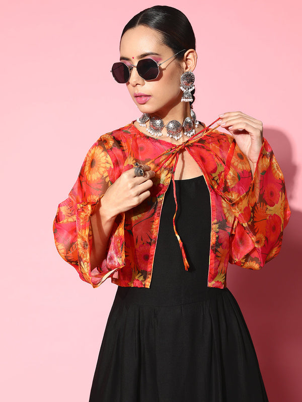 InWeave Women's Black Strappy Set With Pink Mustard Floral Short Organza Cape - Distacart