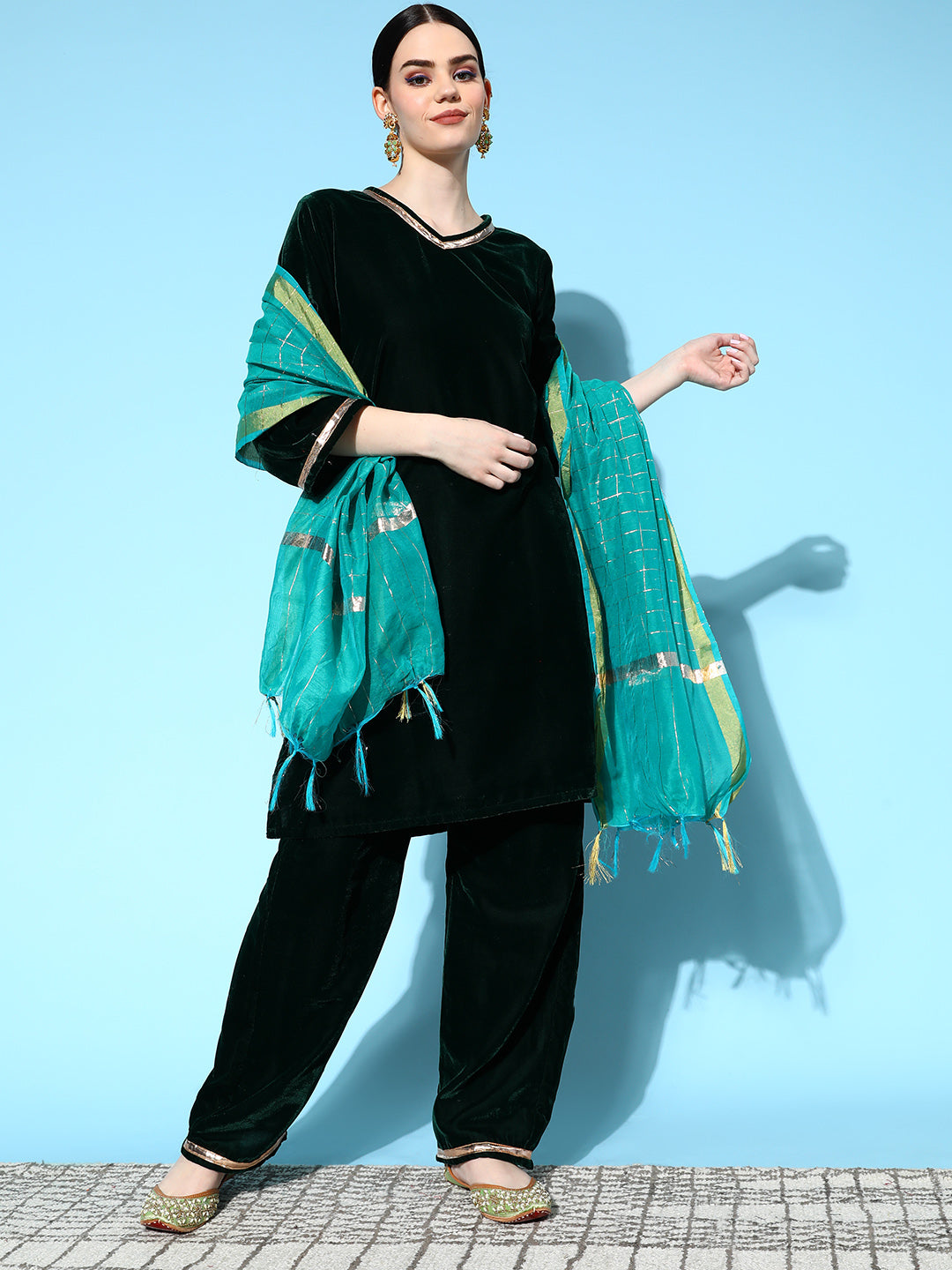 InWeave Women's Green Velvet Kurta Set With Teal Gold Check Dupatta - Distacart