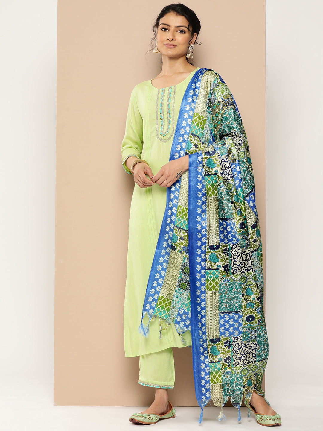 KSUT (House of Varanga) Green Kurta With Lace Embellishment Paired With Straight Pant And Dupatta - Distacart