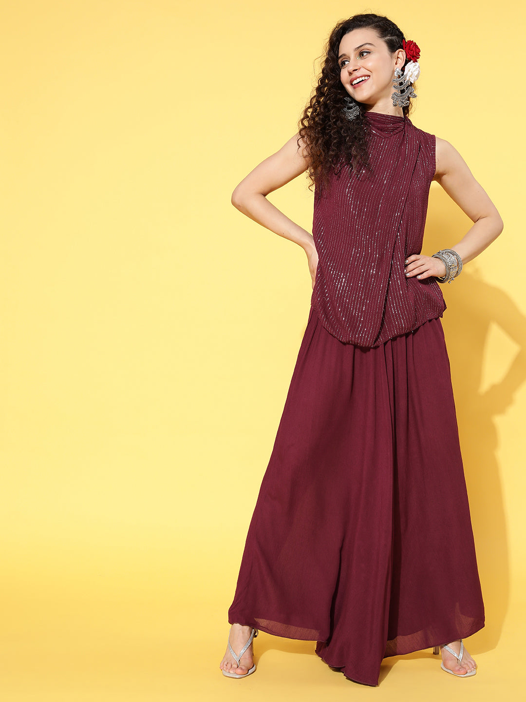 InWeave Women's Maroon Lurex Top With Flared Palazzo - Distacart
