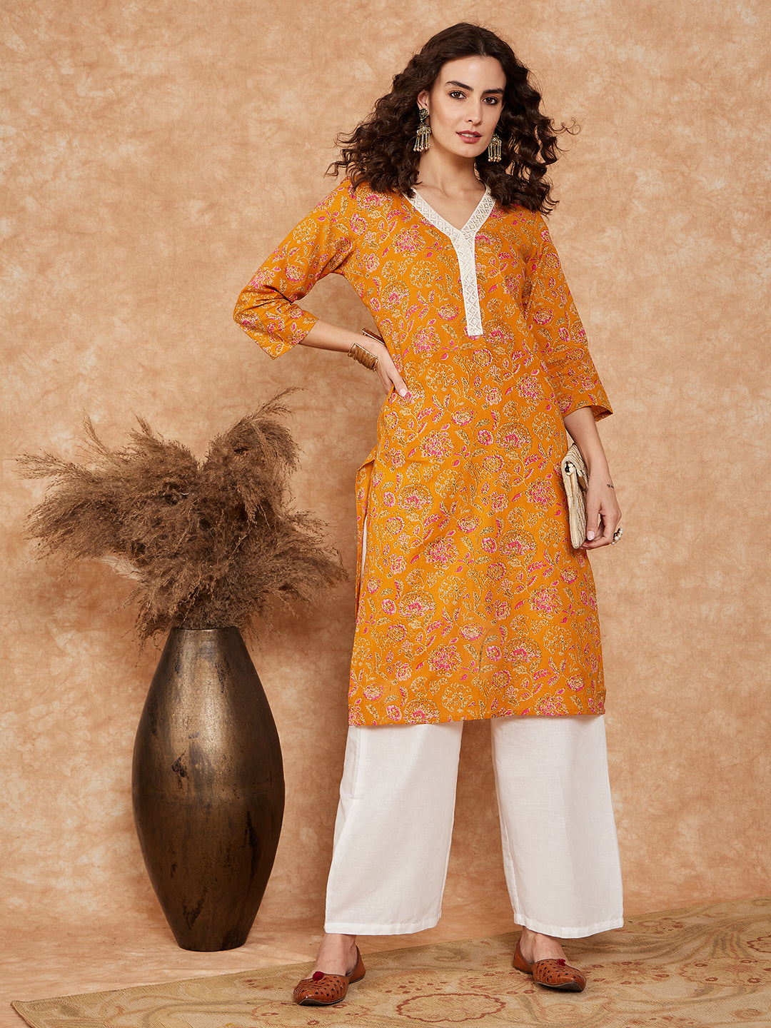 InWeave Women's Fire Yellow Print V Neck Lace Work Straight Kurta - Distacart