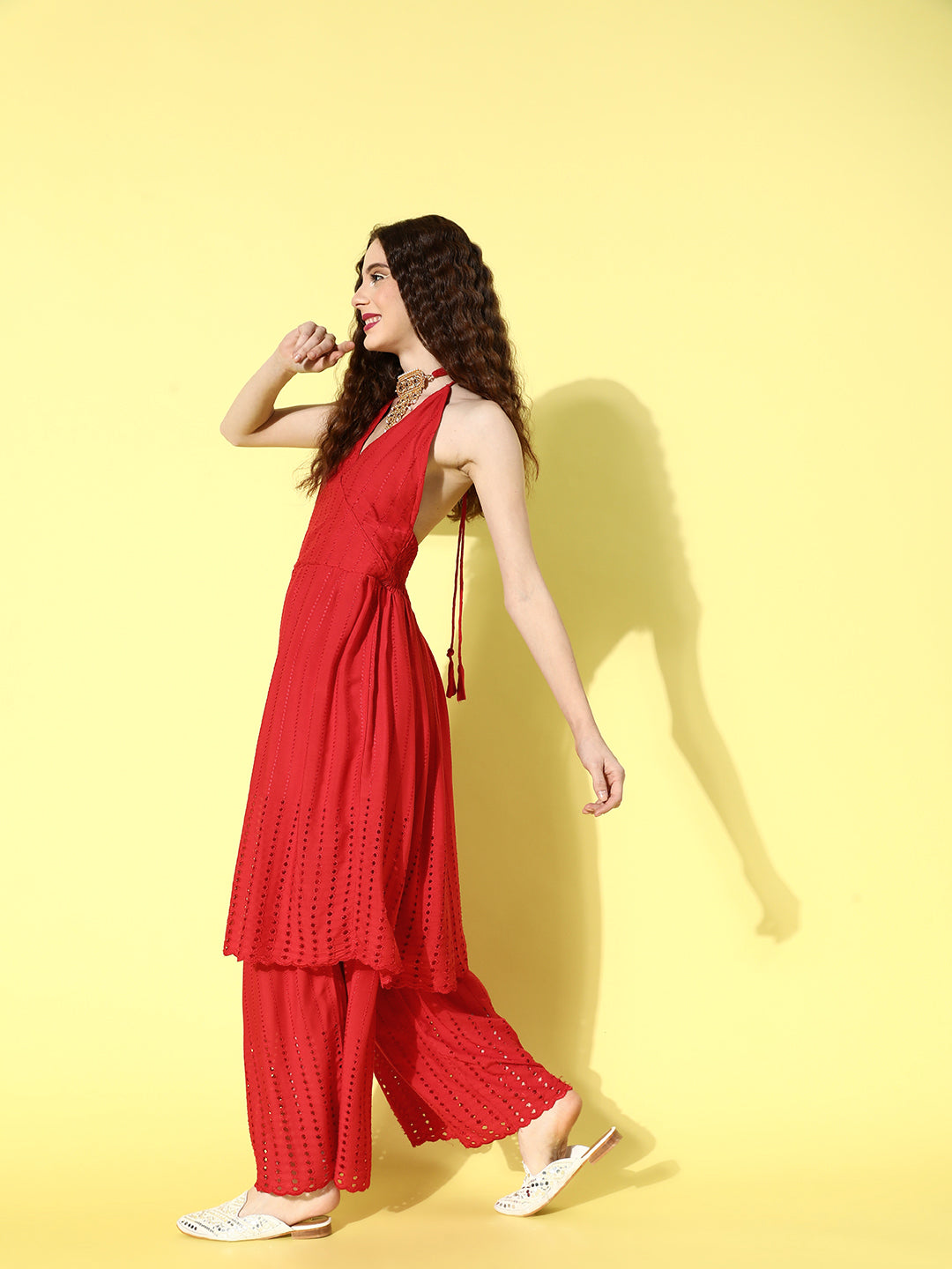 InWeave Women's Red Lace Work Backless Kurta Sharara Set With Lehariya Dupatta - Distacart