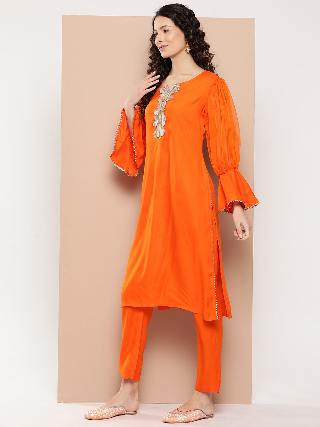 InWeave Women's Orange Organza Sleeve Kurta Set W Green Or Dupatta - Distacart