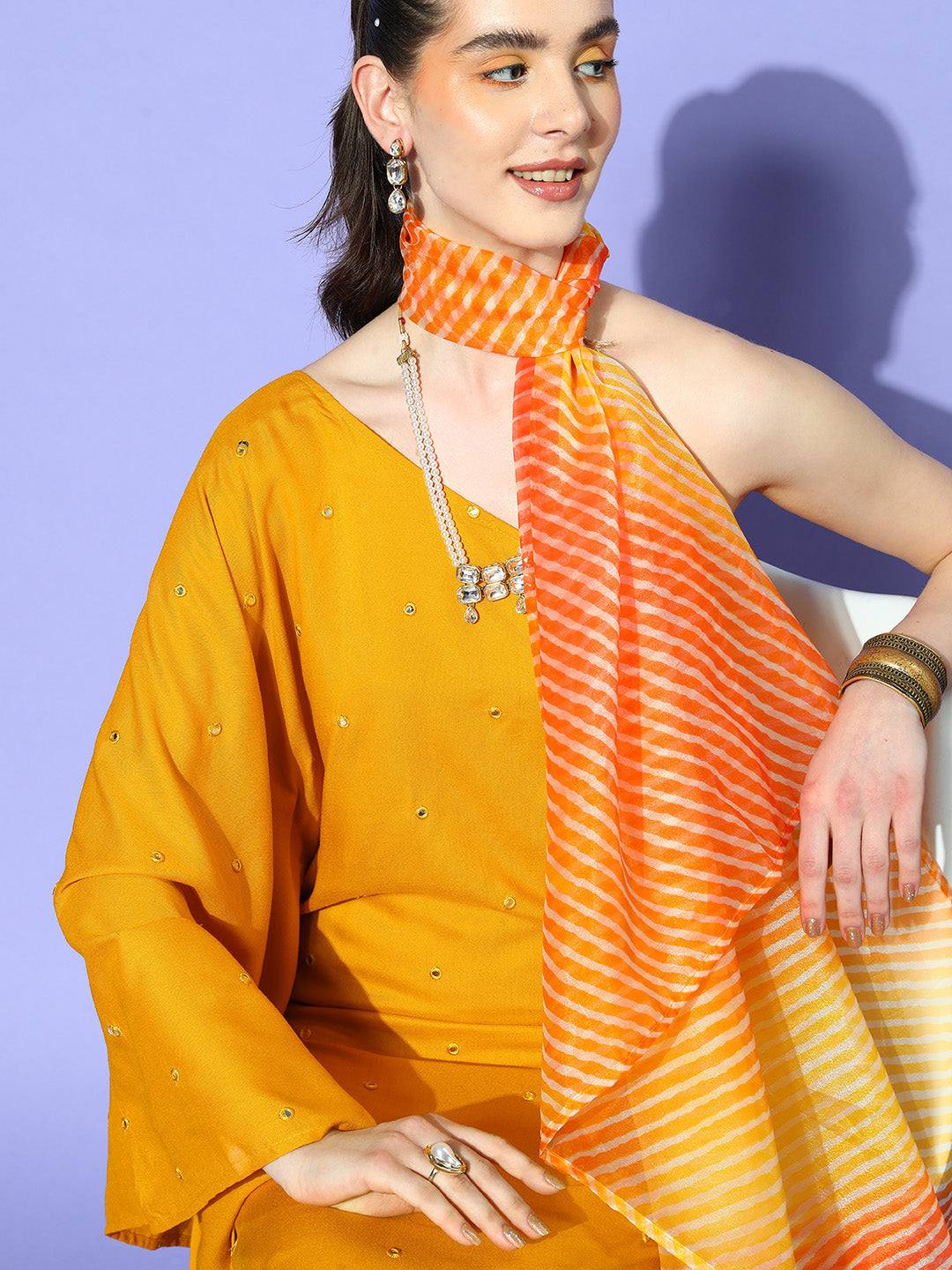 InWeave Women's Mustard Mirror Work One Shoulder Kurta Set With Dupatta - Distacart