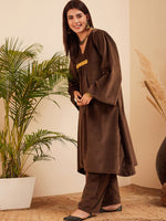 Thumbnail for InWeave Women's Brown V Neck Asymmetrical Pleated Velvet Kurta Set - Distacart