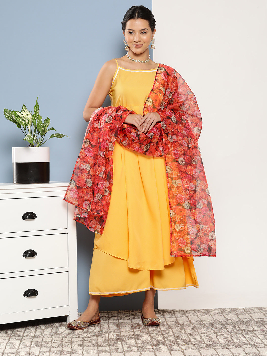 InWeave Women's Cassatta Yellow Cr Strappy Set With Rose Print Dupatta - Distacart