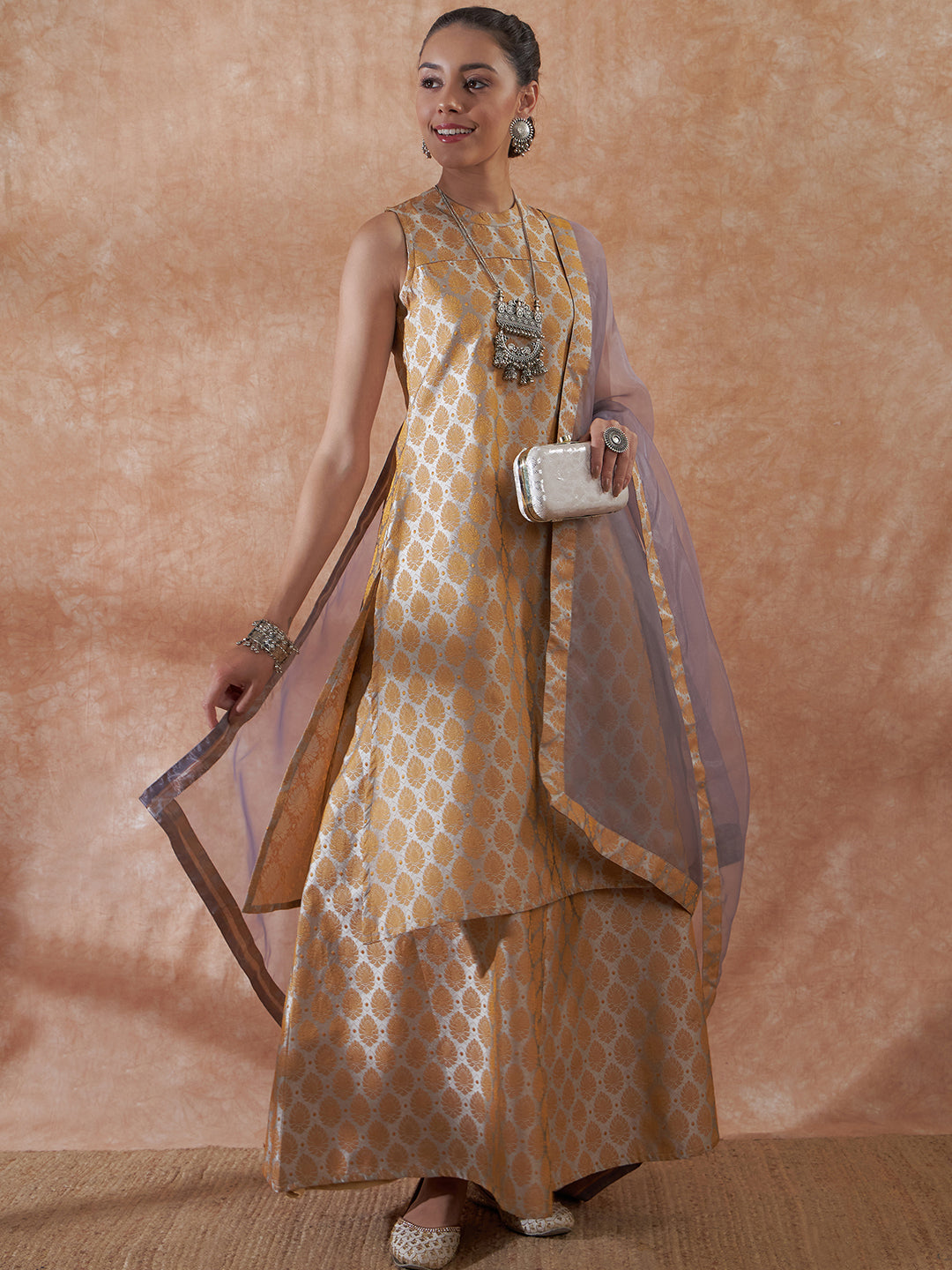 InWeave Women's Light Grey Jacquard Halter Kurta Set W Grey Or Dupatta - Distacart