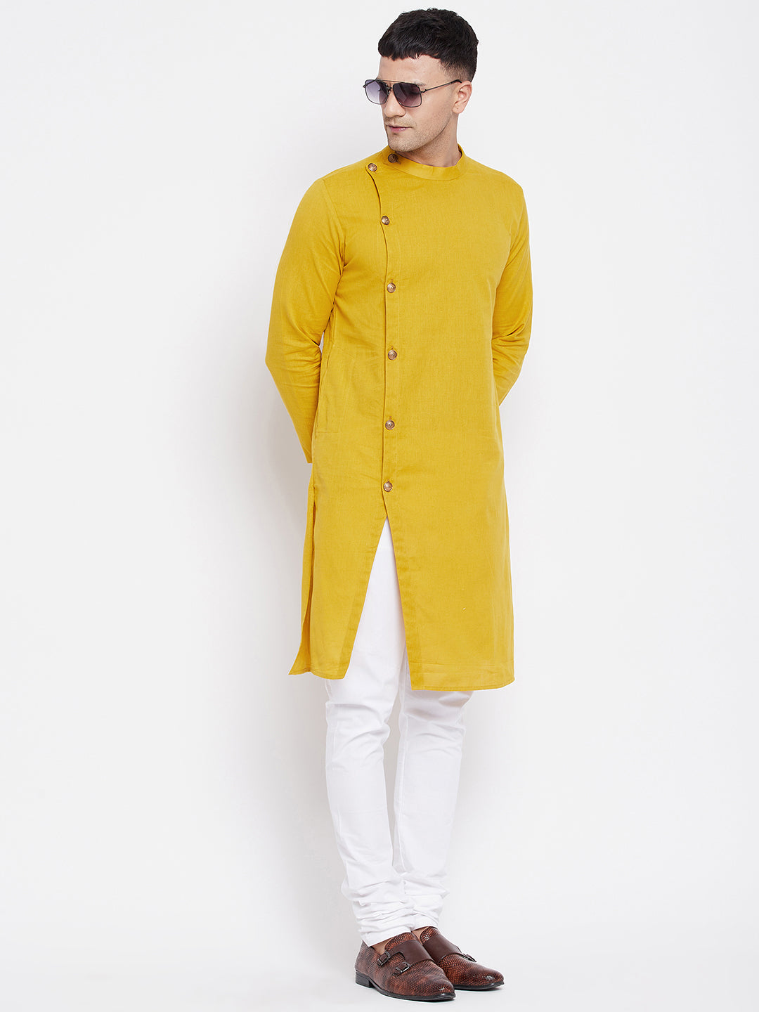 Even Apparels Yellow Pure Cotton Kurta With Band Collar - Distacart
