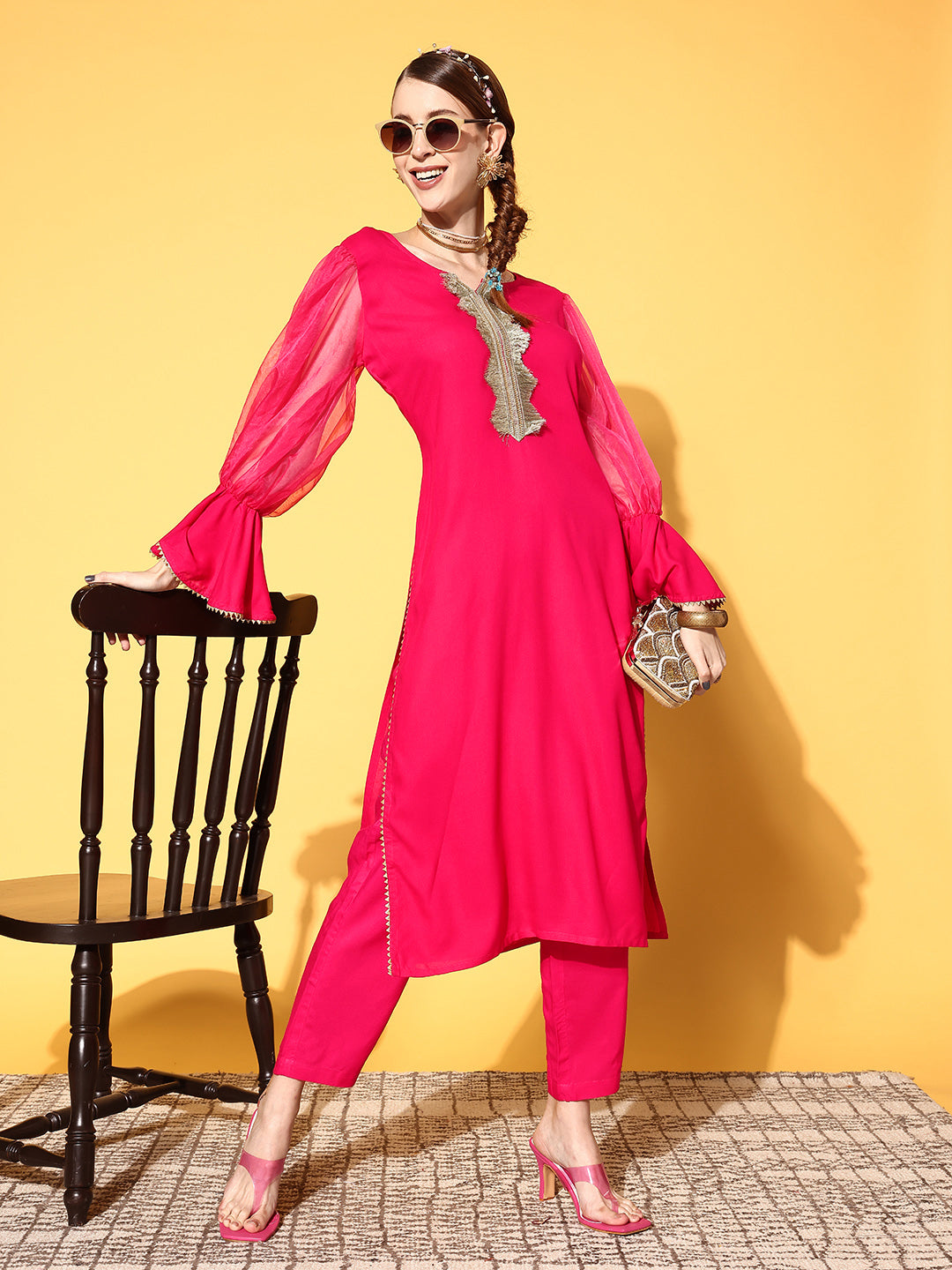InWeave Women's Fuschia Organza Sleeve Gota Work Kurta Set - Distacart