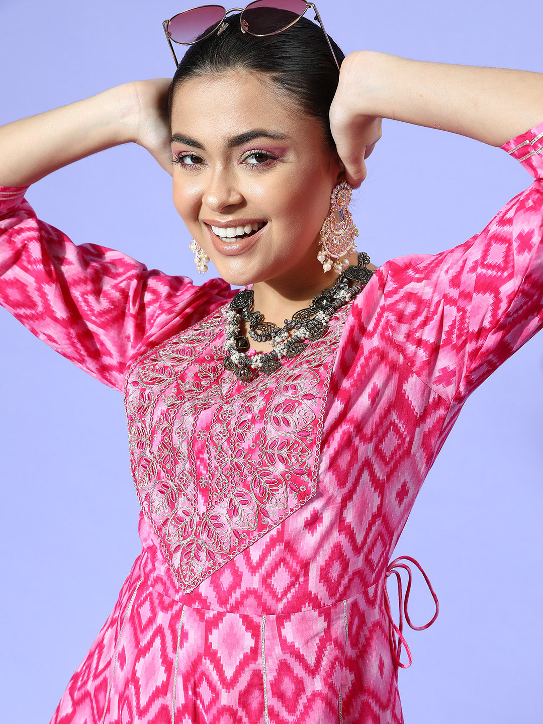 InWeave Women's Abstract Pink Print Long Dress With Work - Distacart