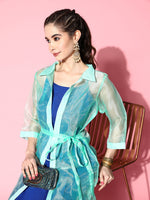 Thumbnail for InWeave Women's Ink Blue Strappy Kurta Set With Teal Organza Cape - Distacart