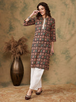 Thumbnail for InWeave Women's Black Maroon Print Lace Gota Work Straight Kurta - Distacart