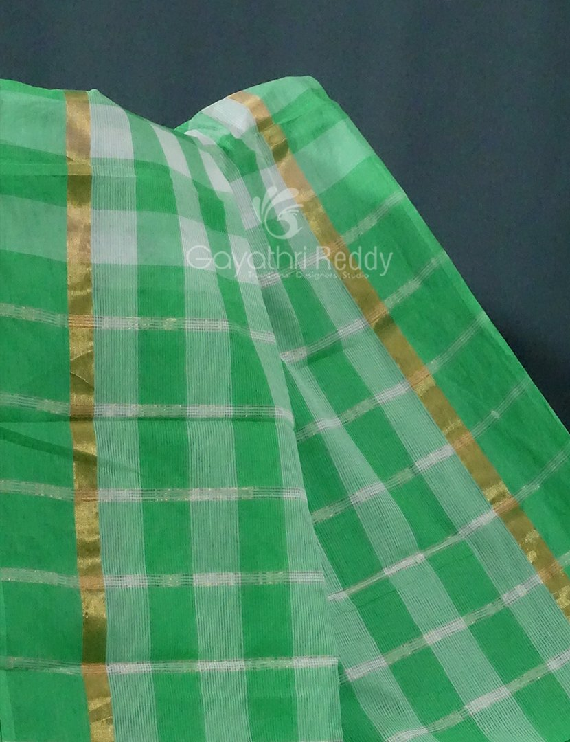 Cream And Green Colored With Checks Pure Mangalgiri Cotton Saree By Gayathri Reddy Designer Studio - Distacart