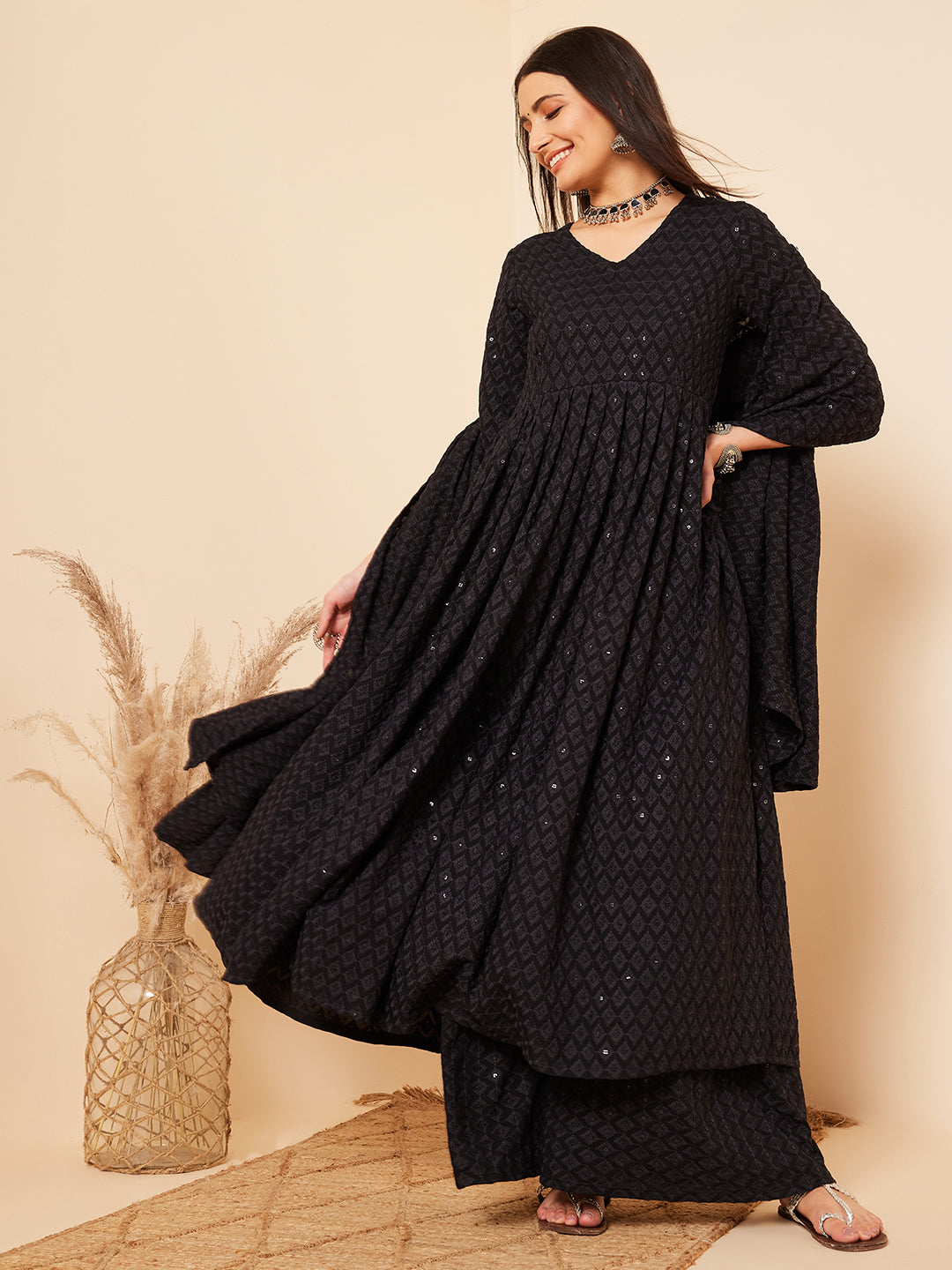 InWeave Women's Black Chikankari Long Anarkali Kurta Sharara Set W Dupatta - Distacart
