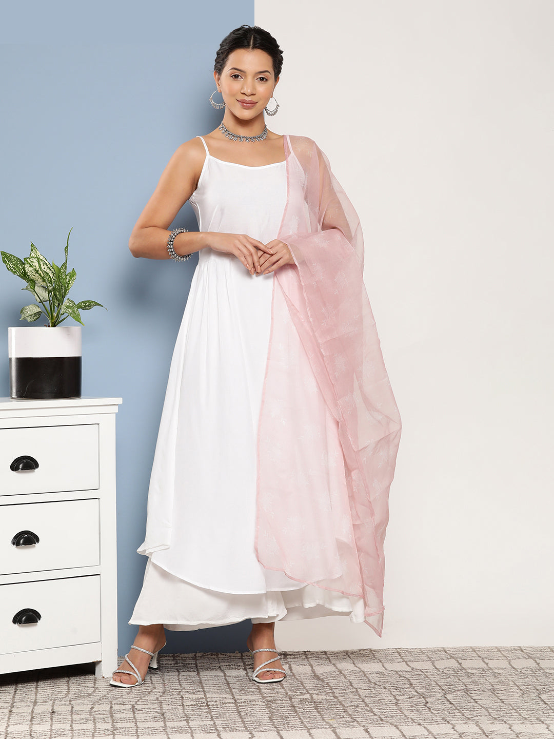 InWeave Women's Cream Strappy With Pink White Chintz Organza Dupatta - Distacart