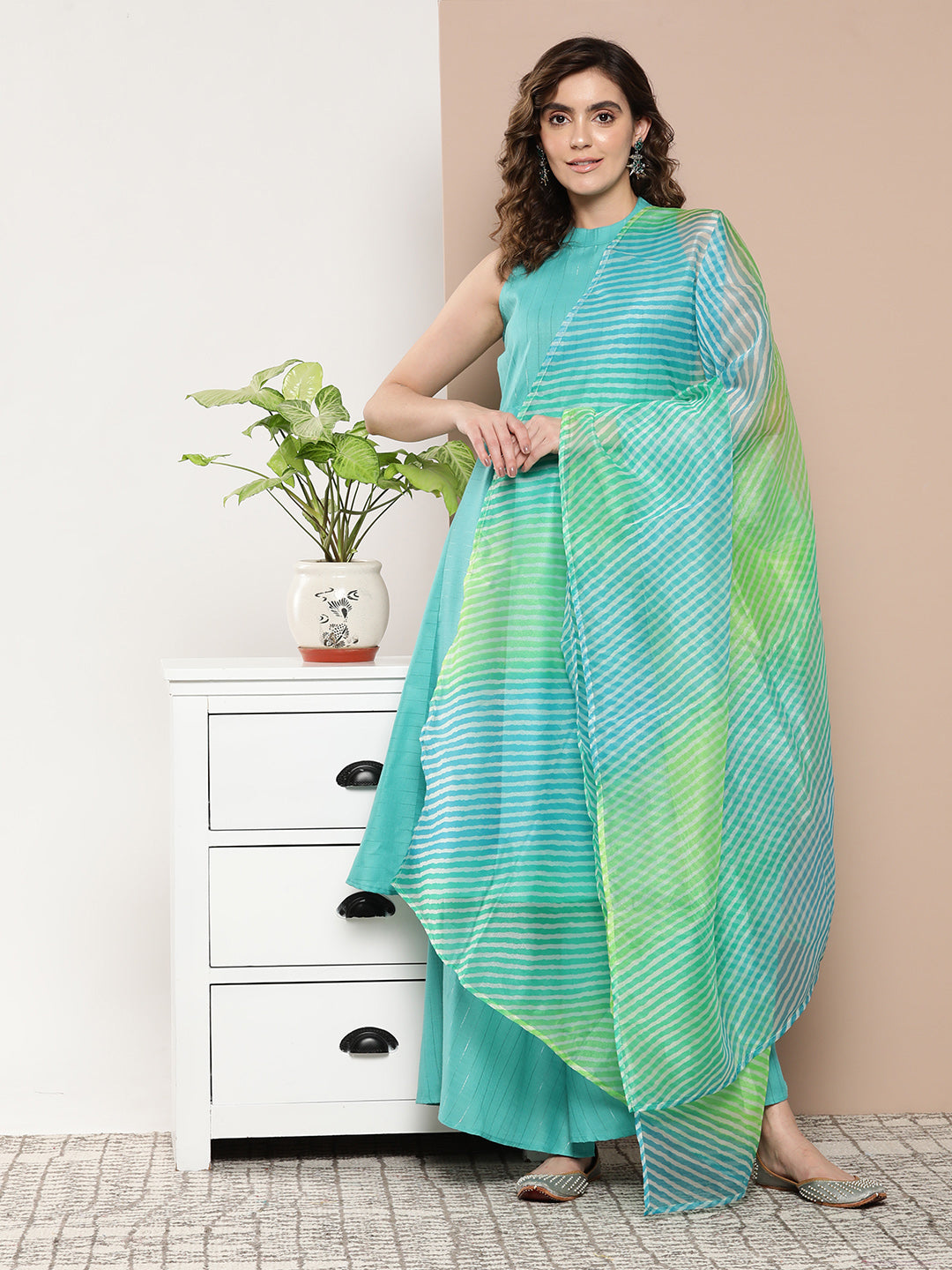 InWeave Women's Teal Lurex Boho Kurta Set With Aqua Leh Organza Dupatta - Distacart