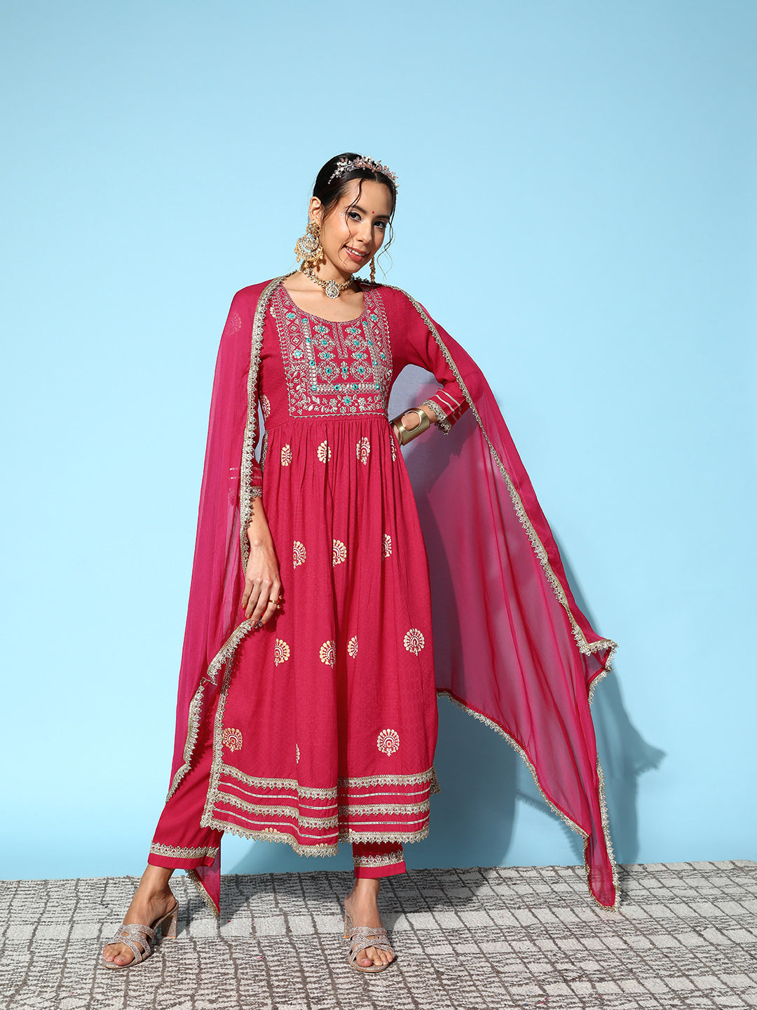 InWeave Women's Pink Nyra Cut Embroidered Kurta Set With Dupatta - Distacart