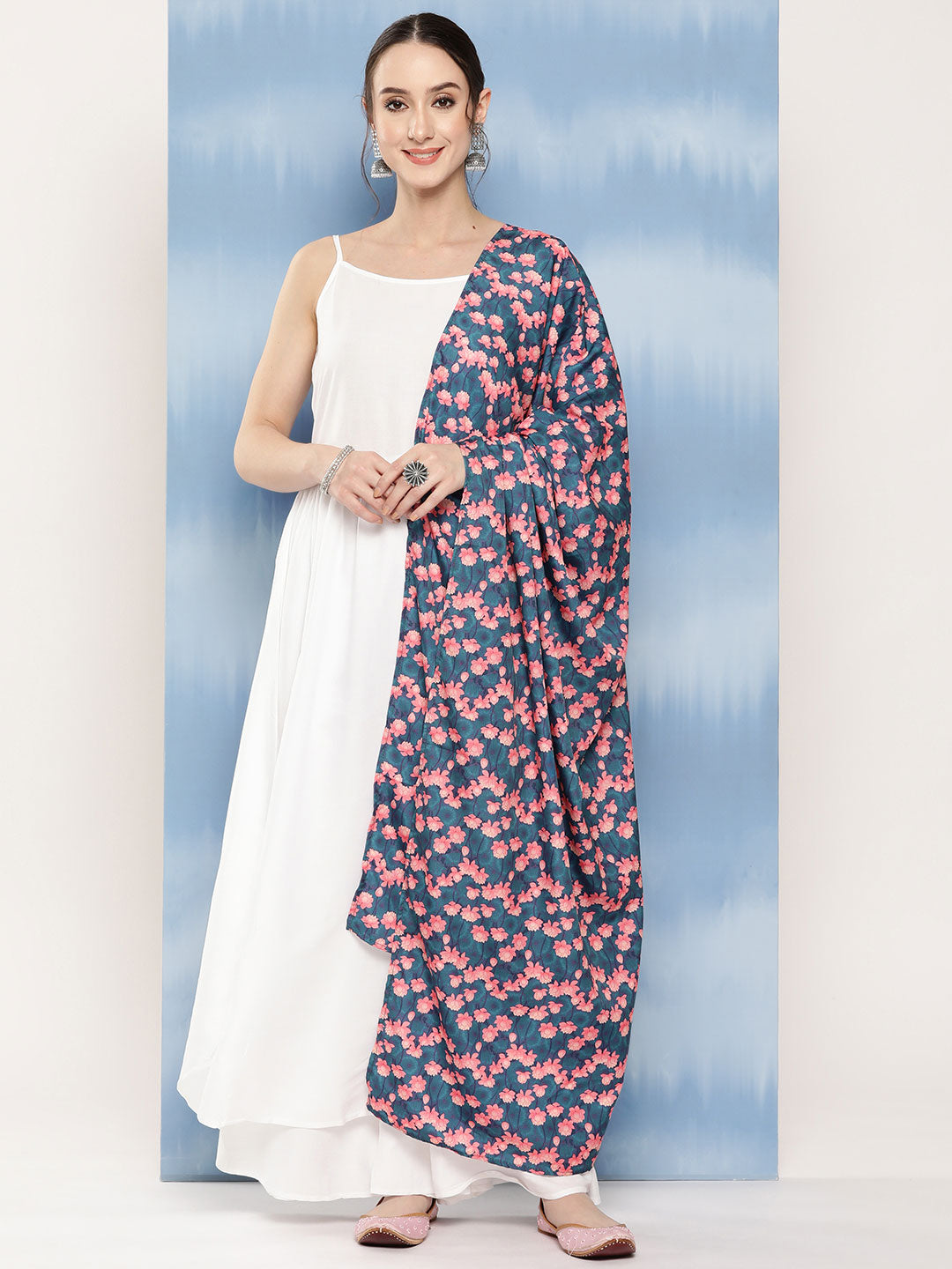 InWeave Women's White Strappy Set With Navy Pink Lotus Cr Dupatta - Distacart