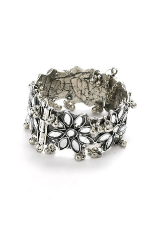 Mominos Fashion Kamal Johar Oxidised Silver-Plated Mirror work Design Bracelet