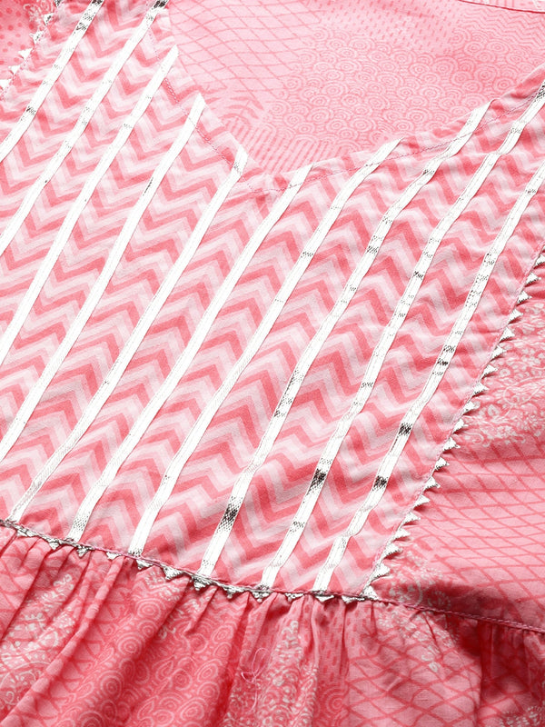 HERE&NOW Women Pink & White Ethnic Motifs Printed Gotta Patti Pure Cotton Kurta - Distacart