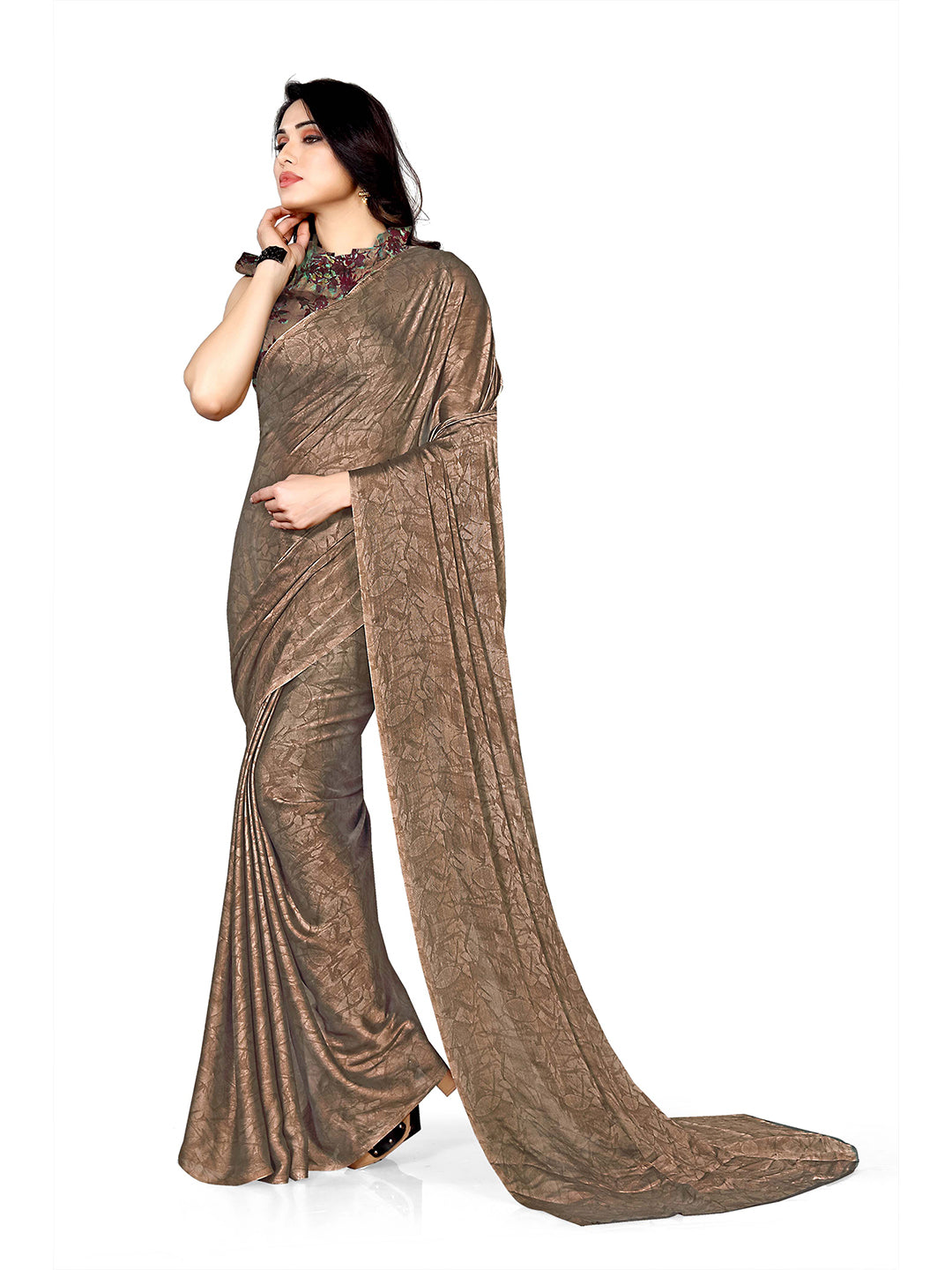 Kalini Brown Printed Chiffon Saree - Distacart