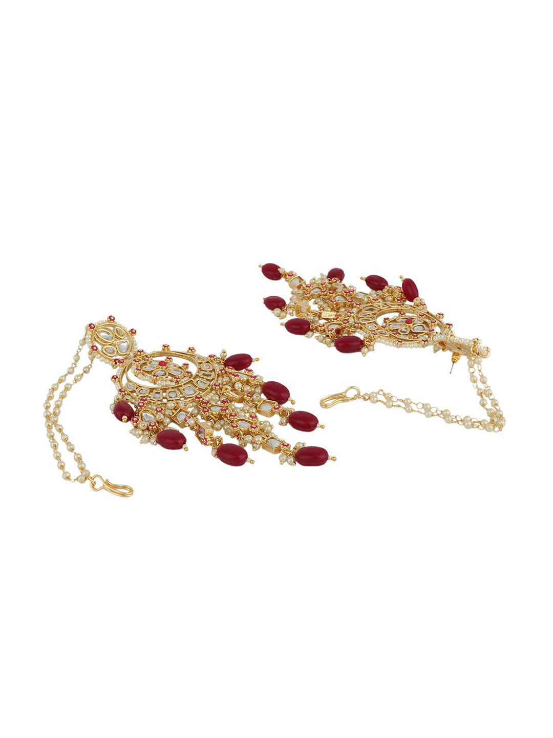 Anikas Creation Red & Gold Plated Kundan Contemporary Chandbalis With Ear Chain Earrings - Distacart