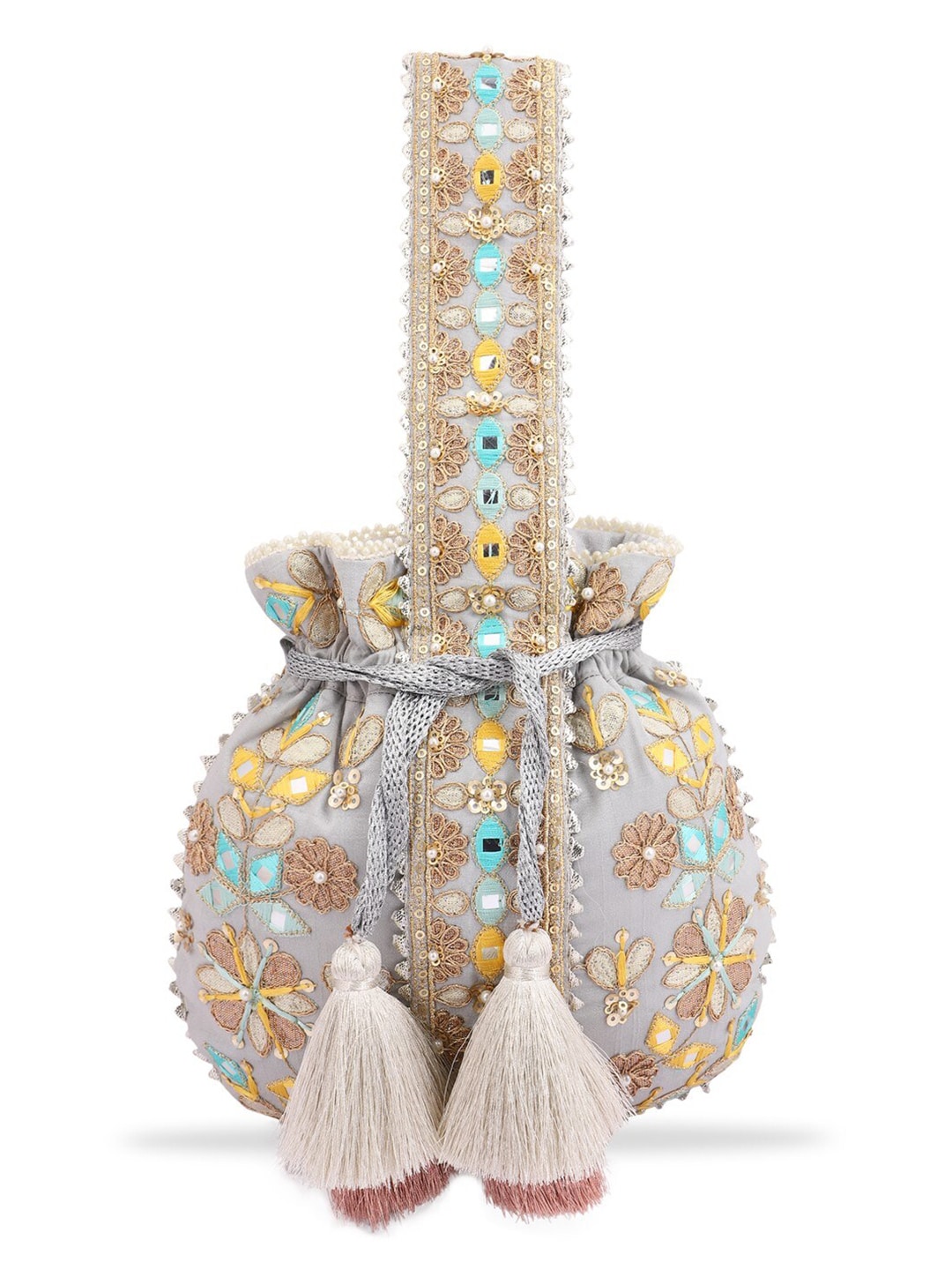 Masq Grey & Gold-Toned Embroidered Potli Clutch - Distacart