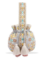 Thumbnail for Masq Grey & Gold-Toned Embroidered Potli Clutch - Distacart