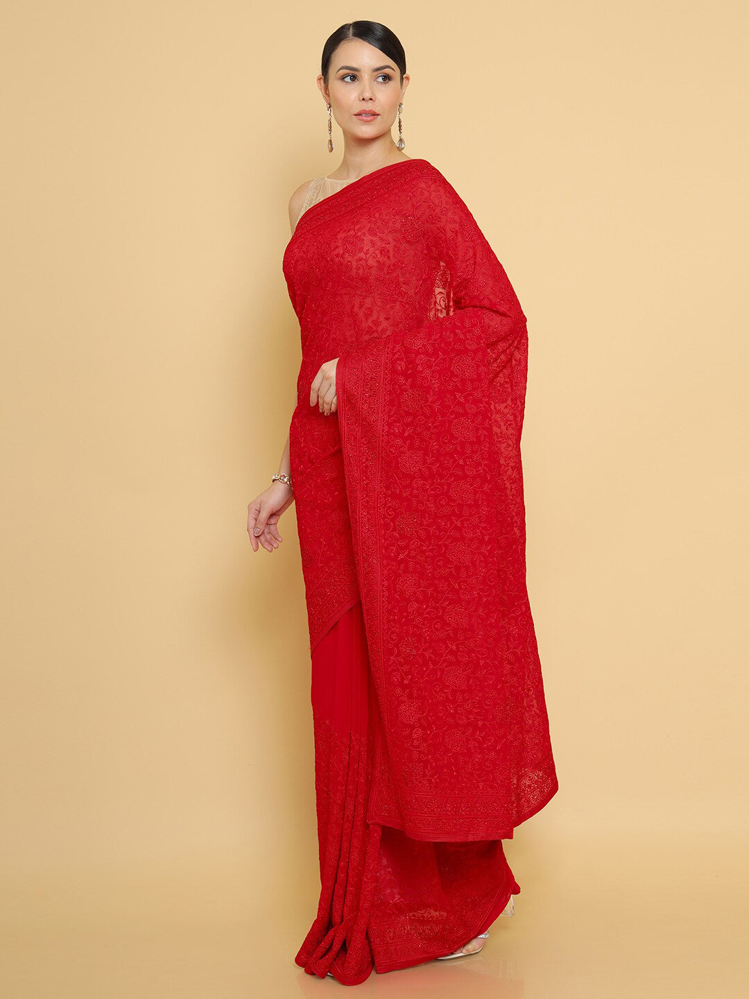 Soch Red Floral Embroidered Pure Georgette Saree - Distacart