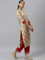 Thumbnail for Khushal K Women Cream-Coloured Ethnic Motifs Printed Regular Gotta Patti Kurta with Palazzos - Distacart