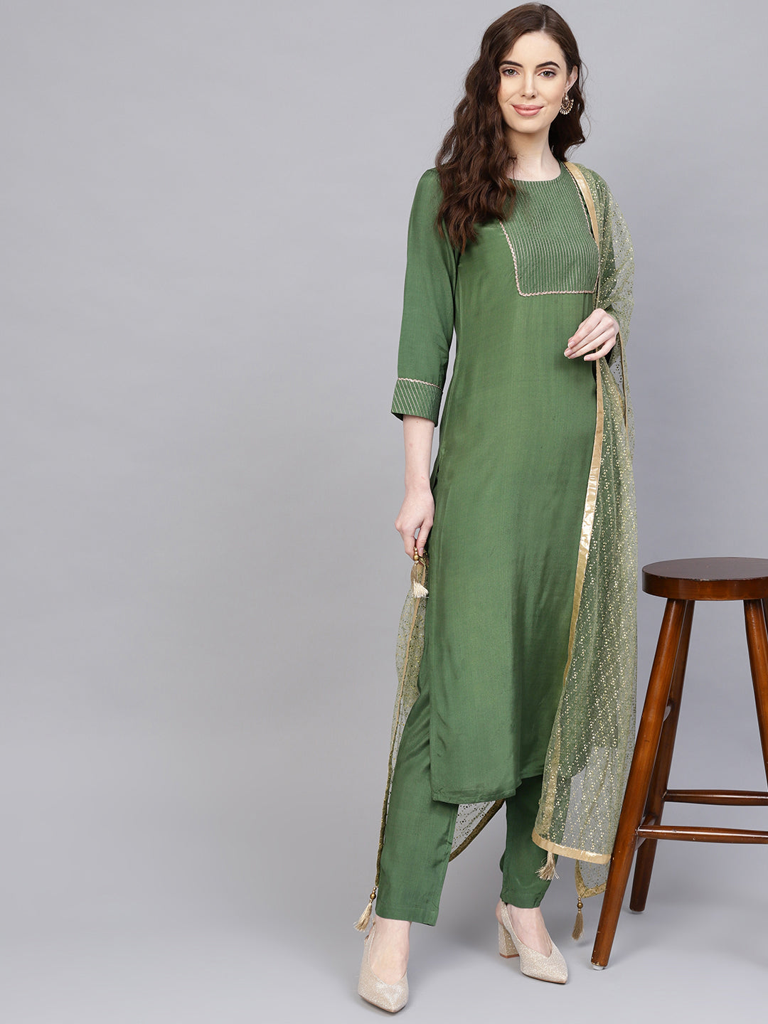Jaipur Kurti Women Green & Golden Yoke Design Handloom Kurta with Trousers & Dupatta - Distacart
