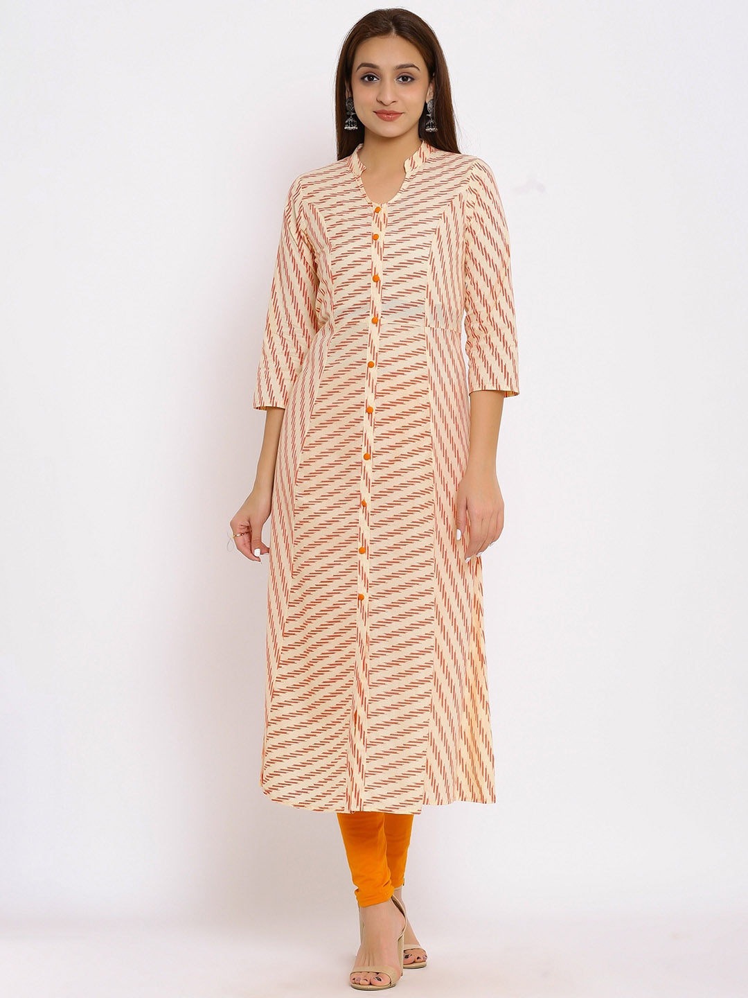 HERE&NOW Orange Mandarin Collar Striped A-Line Kurta - Distacart
