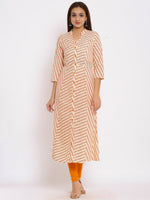 Thumbnail for HERE&NOW Orange Mandarin Collar Striped A-Line Kurta - Distacart