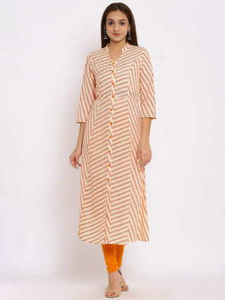 HERE&NOW Orange Mandarin Collar Striped A-Line Kurta - Distacart
