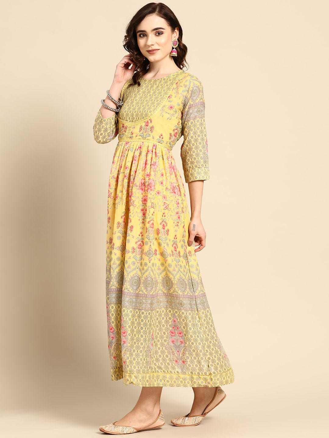 Sangria Women Yellow & Pink Floral Printed Anarkali Kurta - Distacart